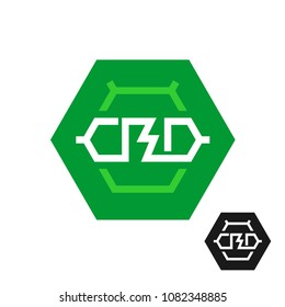 CBD molecule logo. Tech symbol of cannabidiol. CBD oil icon in a hex shape. Cannabis theme chemical symbol.
