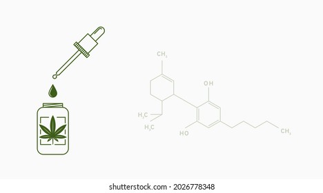 CBD oil background with chemistry formula dropper and bottle. Vector illustration, EPS 10