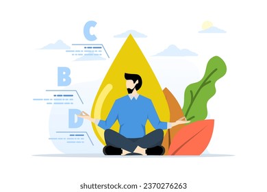 CBD oil benefits concept, medical use of oil, health and body benefits, relaxing conception, indoor or greenhouse. flat vector illustration on white background.
