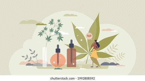 CBD Öl als Cannabis oder Hanf Samen Extrakt für Wellness winzige Person Konzept. Medizinische Verwendung und pflanzliche Erzeugnisse aus biologischem Saatgut, Vektorgrafik. Alternative Kosmetika und gesunde Arzneiblattlösungen