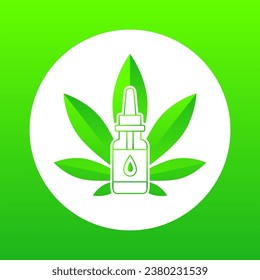 CBD oil. Cannabis leaf, cannabidiol oil bottle and pipette with a drop symbol. Vector illustration in green color.