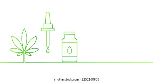 CBD-Ölkonzept. Cannabis-Laubextrakt, Cannabidiol-Ölflasche und Pipette mit einem Serumtropfen in grüner Farbe, dünne Linie Kunst. Vektorgrafik einzeln auf weißem Hintergrund, Banner mit Kopienraum.