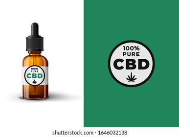 Concepto de diseño de aceite del CBD. Botella vectorial 3d de vidrio goteo de aceite CBD con signo 100 por ciento puro, emblema, placa, etiqueta.