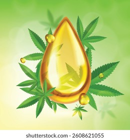 CBD Oil Drop Composition with Marijuana Leaves
