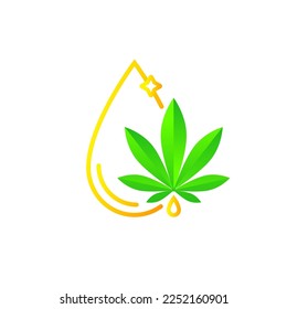 CBD oil drop and hemp leaf. Golden drops, cannabis plant extract and serum. Icon or logo concept. Vector illustration in shiny gold and beautiful green color, line art, isolated on white background.