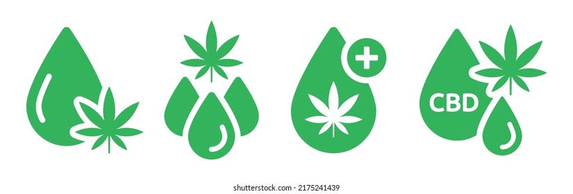 CBD oil drop vector icon set. Hemp oil with cannabis leaf for medical benefits symbol illustration.