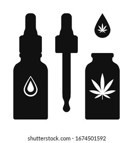 CBD Oil Dropper Bottle Cannabis Tincture. Cannabidiol Drops With A Pipette, Oil Droplet And Hemp Leaf. Flat Vector Illustration Isolated On White Background.