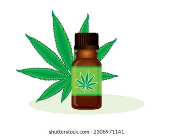 Aceite CBD con hoja verde de cáñamo en una ilustración vectorial de botella de vidrio marrón. Icono de cosméticos Hemp aislado en un fondo blanco. Botella cosmética de vidrio con extracción de aceite del CBD