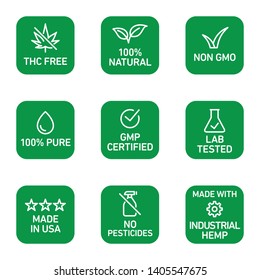 CBD oil icons set including THC free, 100% natural, non GMO, 100% pure, fluid, GMP certified, lab tested,  made in USA, no pesticides, made with industrial hemp - Vector 