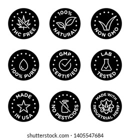 CBD oil icons set including THC free, 100% natural, non GMO, 100% pure, fluid, GMP certified, lab tested,  made in USA, no pesticides, made with industrial hemp - Vector 