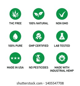 CBD oil icons set including THC free, 100% natural, non GMO, 100% pure, fluid, GMP certified, lab tested,  made in USA, no pesticides, made with industrial hemp - Vector 