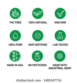 CBD oil icons set including THC free, 100% natural, non GMO, 100% pure, fluid, GMP certified, lab tested,  made in USA, no pesticides, made with industrial hemp - Vector 