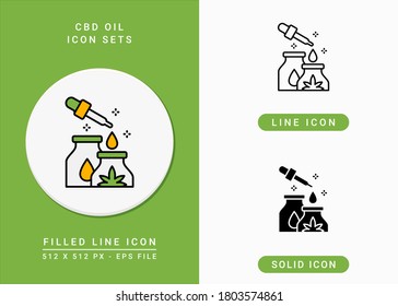 CBD-Ölsymbole setzen Vektorgrafik mit fester Icon Linie Stil. Ölkonzept von Marijuana. Bearbeitbares Strichsymbol auf isoliertem Hintergrund für Web-Design, Infografik und UI Mobile App.