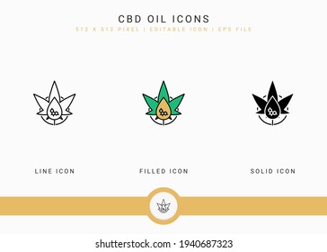 Los iconos de aceite CBD establecen la ilustración vectorial con estilo de línea de icono sólido. Concepto de tinción de aceite de cannabis. Icono de trazo editable en fondo aislado para diseño web, interfaz de usuario y aplicación móvil