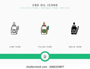 Los iconos de aceite CBD establecen la ilustración vectorial con estilo de línea de icono sólido. Concepto de concentrado de cáñamo de textura. Icono de trazo editable en fondo aislado para diseño web, interfaz de usuario y aplicación móvil