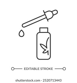 CBD oil linear icon. Dropper bottle with cannabis oil. Alternative medicine. Supplement. Organic product. Thin line illustration. Contour symbol. Vector outline drawing. Editable stroke