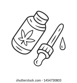 CBD oil linear icon. Weed product. Cannabis industry. Medical uses of ganja. Hemp distribution and sale. Thin line illustration. Contour symbol. Vector isolated outline drawing. Editable stroke