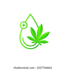 CBD oil as logo or icon concept. Cannabidiol drop and medical cannabis leaf, line art, beautiful gradient green color. Vector illustration isolated on white background.