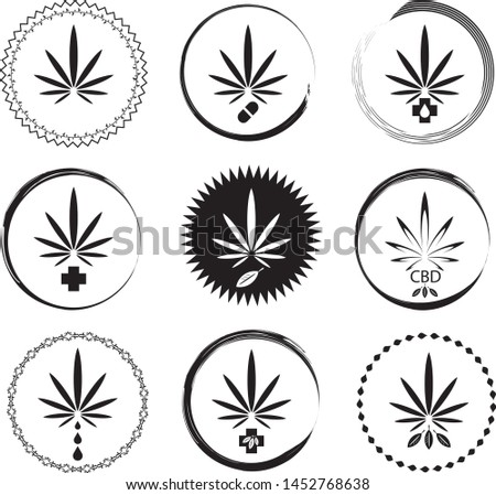 CBD oil and Marijuana icon set of vectors in black and white with borders 