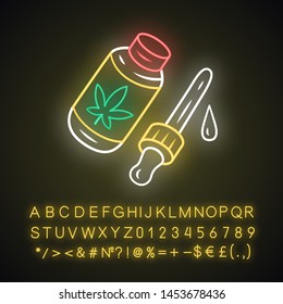 CBD oil neon light icon. Weed product. Cannabis industry. Medical uses of ganja. Hemp distribution and sale. Drug use. Glowing sign with alphabet, numbers and symbols. Vector isolated illustration