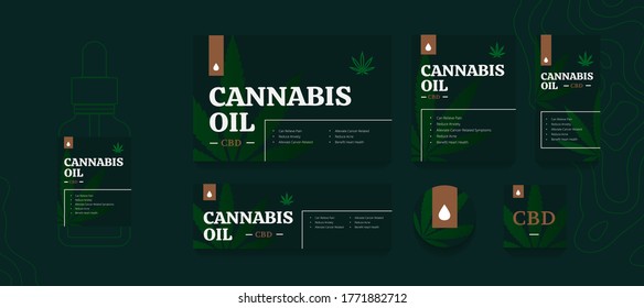 CBD oil packaging design template bundle. Legal cannabis labels in different size. Hemp leave and herb drop for presentation or print. Medical matijuana isolated vector illustration.