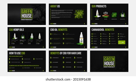 CBD oil products presentation, black template of catalog with infographic elements.