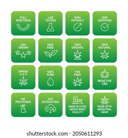 CBD oil properties vector icons set collection