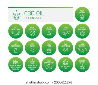 CBD oil properties vector icons set collection