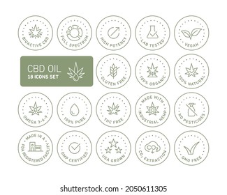 CBD oil properties vector icons set collection