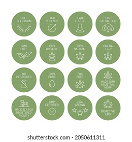 CBD oil properties vector icons set collection