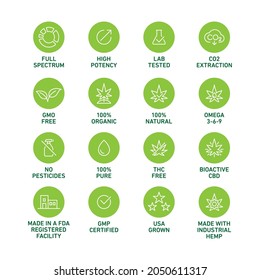 CBD oil properties vector icons set collection