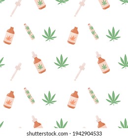 CBD Öl nahtlose Muster in Pastellfarben. Tropfer für Hanföl, Roller und grüner Cannabis hinterlassen Vektorhintergrund. Naturheilmittel, Marihuana für medizinisches Design in Pastellfarben. Vektorflach.