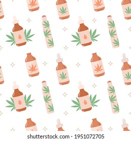 Patrón transparente de aceite CBD en colores pastel. Botella de aceite de cáñamo con fondo vectorial de hojuelas de cuentagotas, roller y verde. Reparación natural, marihuana para diseño médico en colores pastel. Vector plano