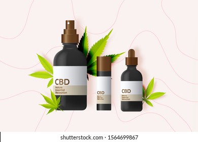CBD product with cannabidiol leaves in flat lay paper art style vector illustration