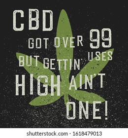 CBD quote poster. Hemp leaf symbol. On black grunge background. 
