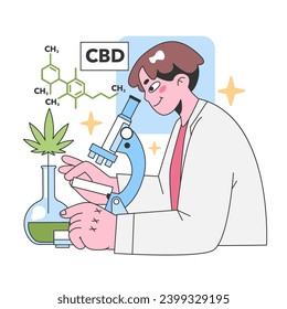 CBD research concept. Scientist studies cannabis leaf with a microscope, showcasing the chemical formula. Medical and herbal exploration. Flat vector illustration.