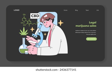 CBD research concept. Scientist studies cannabis leaf with a microscope, showcasing the chemical formula. Medical and herbal exploration. Flat vector illustration.