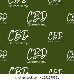 CBD text logo white green seamless pattern background. Background for decoration medical article on CBD, hemp oil theme.
