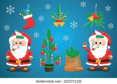 CBD and THC Christmas decorations set. Stoned Santa. Cannabis Christmas tree and Christmas stocking full of buds and joints.  Santa's bag full of weed. Weed snowflakes.