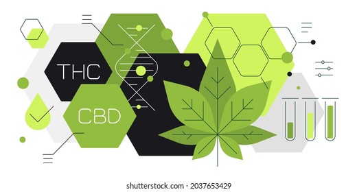 CBD. THC. Marijuana research. Green chemistry. Modern flat illustration. Vector file.