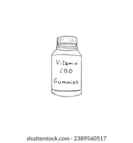 CBD vitamin gummies. Vector illustration isolated on a white background. CBD vitamin in a bottle. Cannabis medical product. 