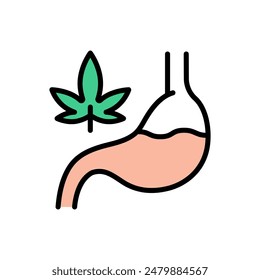 CBD weed extract and stomach simple icon. Cannabis vector color icon. Medical marijuana logo symbol. CBD capsules for mental health, relaxation and depression treatment. Simple sign isolated on white 