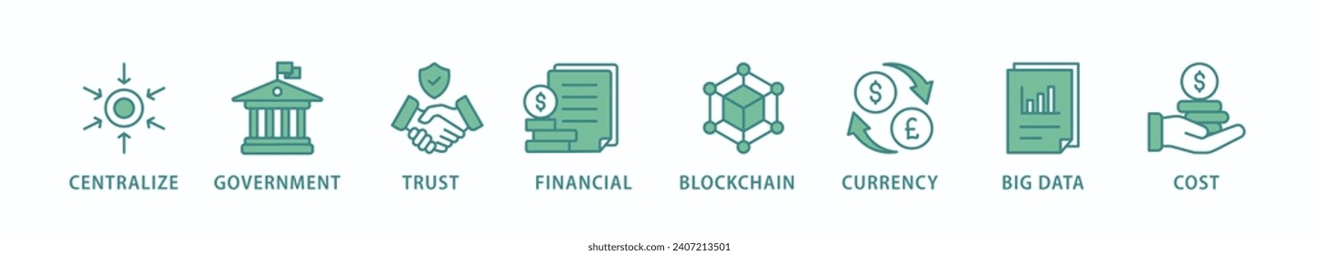 Cbdc banner web icon vector illustration concept of central bank digital currency with icons of centralize, government, trust, financial, blockchain, currency, big data and cost