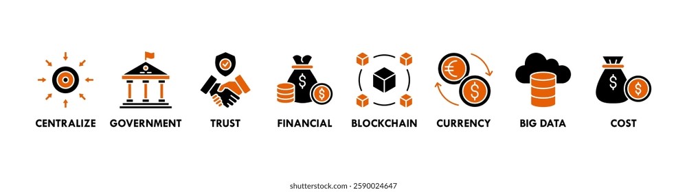 Cbdc banner web icon vector illustration concept of central bank digital currency with icons of centralize, government, trust, financial, blockchain, currency, big data and cost