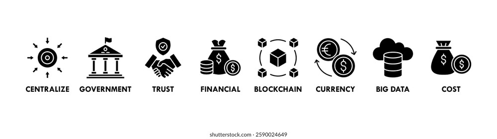 Cbdc banner web icon vector illustration concept of central bank digital currency with icons of centralize, government, trust, financial, blockchain, currency, big data and cost