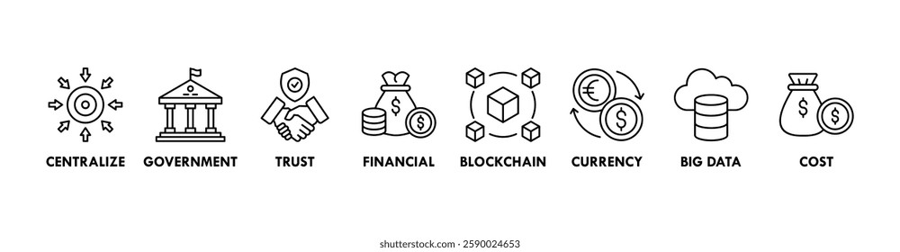 Cbdc banner web icon vector illustration concept of central bank digital currency with icons of centralize, government, trust, financial, blockchain, currency, big data and cost