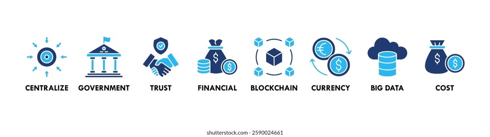 Cbdc banner web icon vector illustration concept of central bank digital currency with icons of centralize, government, trust, financial, blockchain, currency, big data and cost