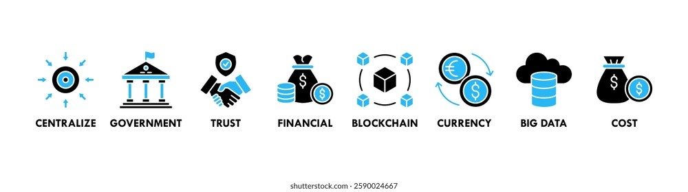 Cbdc banner web icon vector illustration concept of central bank digital currency with icons of centralize, government, trust, financial, blockchain, currency, big data and cost