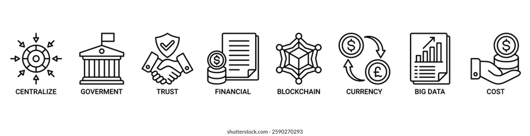 Cbdc banner web icon vector illustration concept of central bank digital currency with icons of centralize, government, trust, financial, blockchain, currency, big data and cost icons outline symbol.