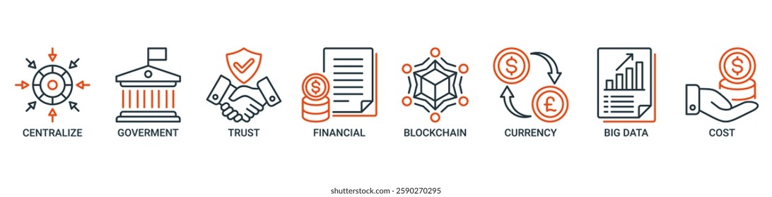 Cbdc banner web icon vector illustration concept of central bank digital currency with icons of centralize, government, trust, financial, blockchain, currency, big data and cost icons outline symbol.